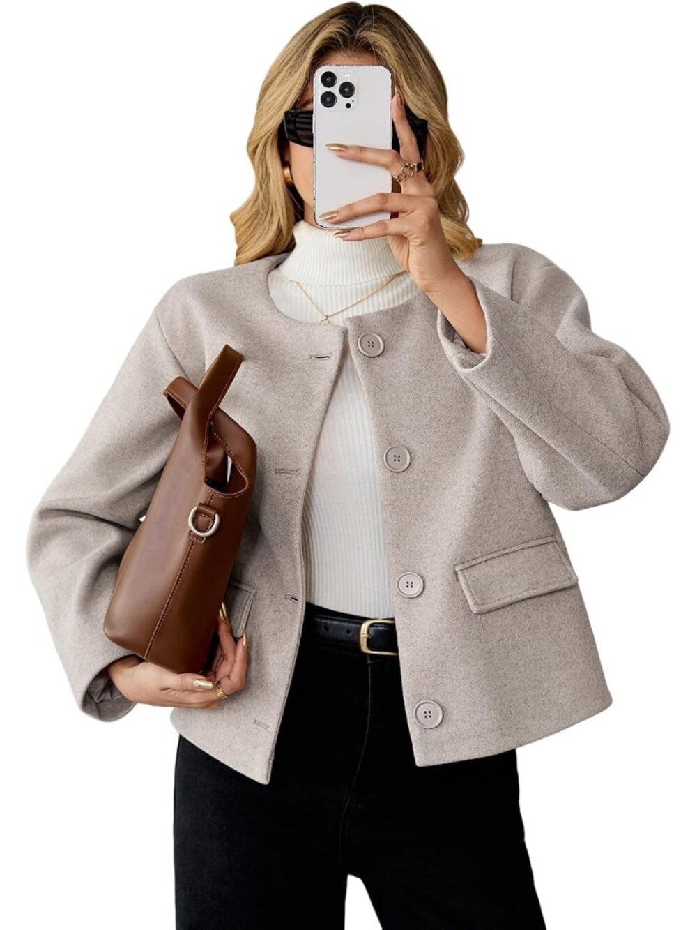 Womens Apricot Wool Blend Cropped Collarless Long Sleeve Short Fall Pea Overcoat